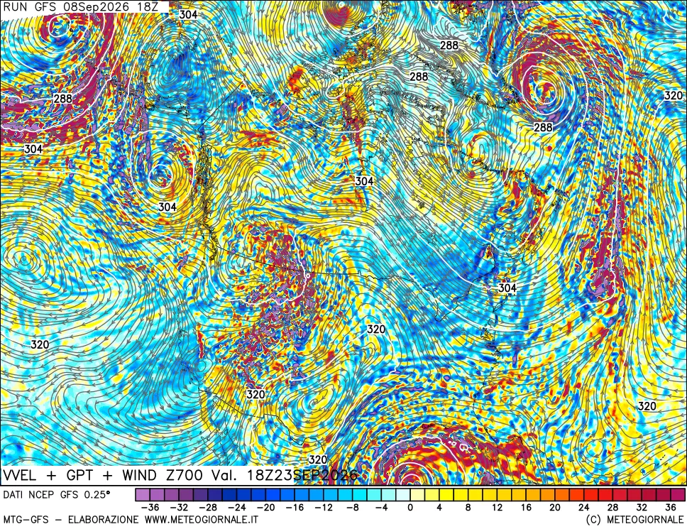 mappa 700 hPa Velocità verticiali + GPT + Vento