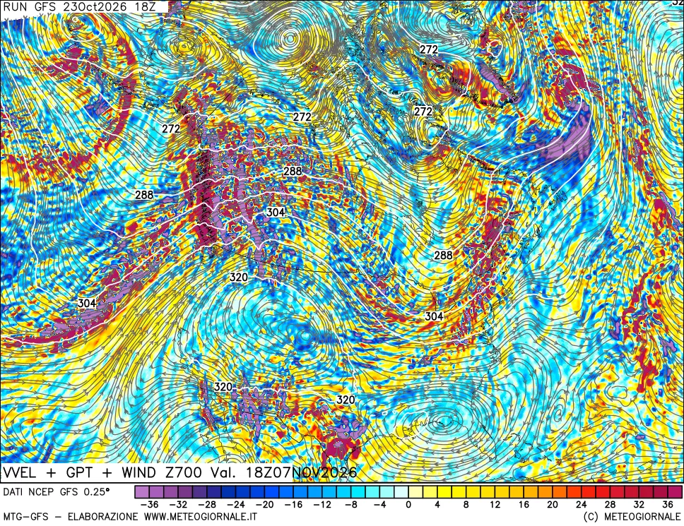 mappa 700 hPa Velocità verticiali + GPT + Vento
