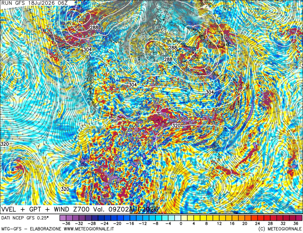 mappa 700 hPa Velocità verticiali + GPT + Vento
