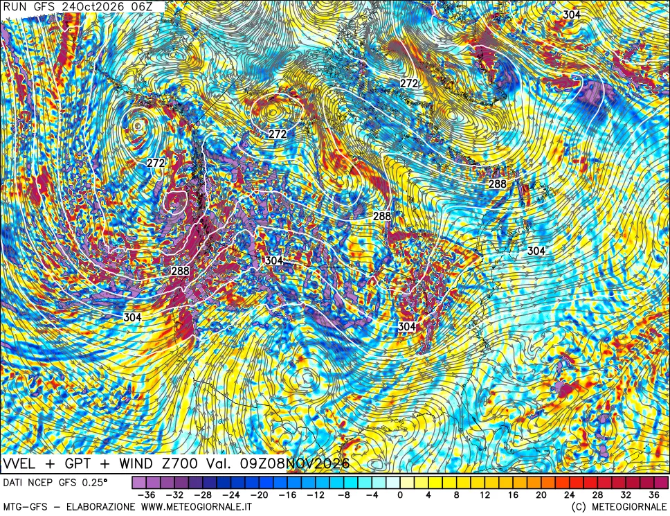 mappa 700 hPa Velocità verticiali + GPT + Vento