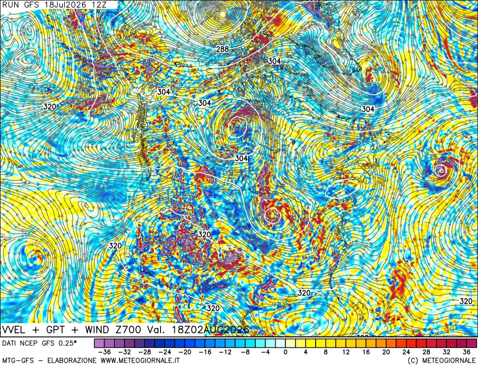 mappa 700 hPa Velocità verticiali + GPT + Vento