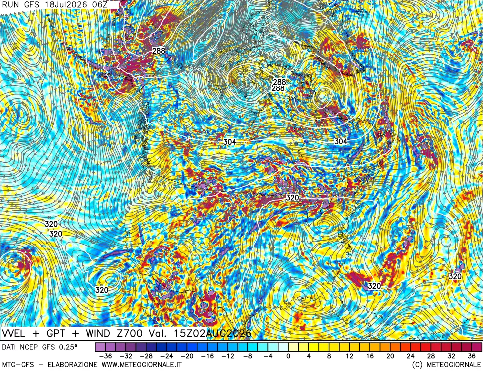 mappa 700 hPa Velocità verticiali + GPT + Vento