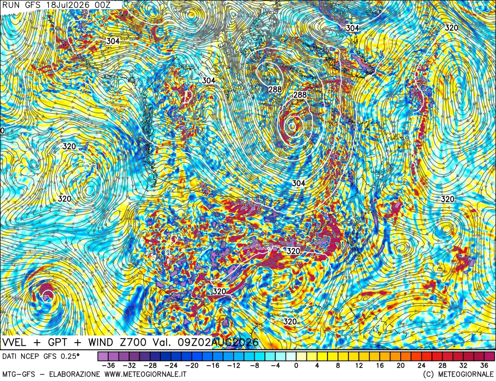 mappa 700 hPa Velocità verticiali + GPT + Vento