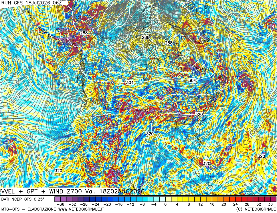 mappa 700 hPa Velocità verticiali + GPT + Vento