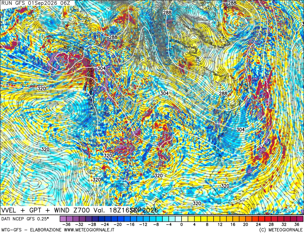 mappa 700 hPa Velocità verticiali + GPT + Vento