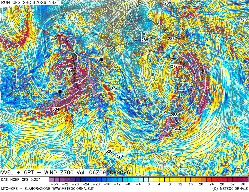 mappa 700 hPa Velocità verticiali + GPT + Vento