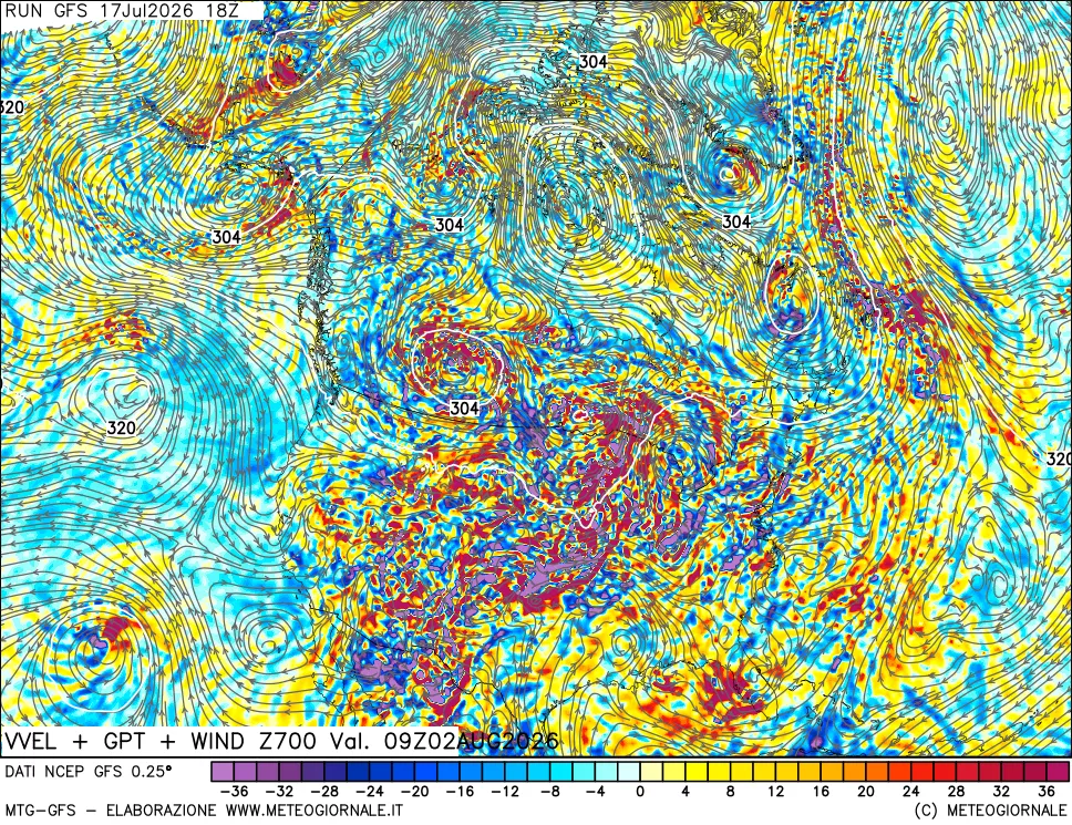 mappa 700 hPa Velocità verticiali + GPT + Vento