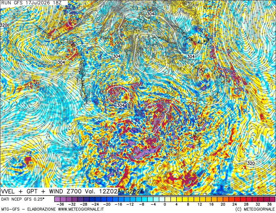 mappa 700 hPa Velocità verticiali + GPT + Vento
