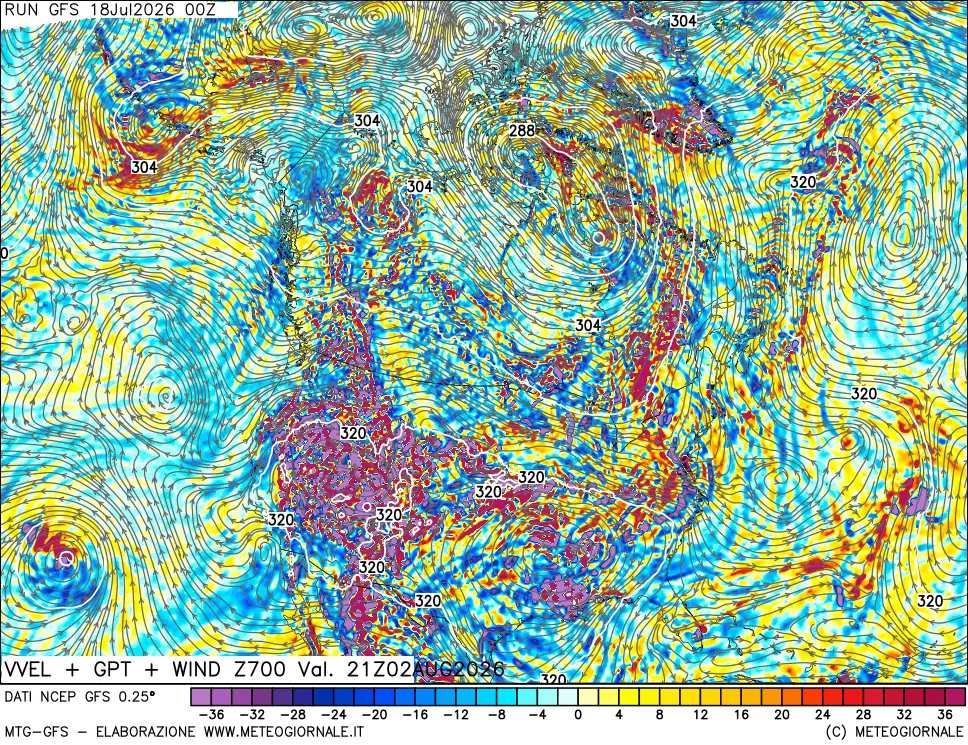 mappa 700 hPa Velocità verticiali + GPT + Vento