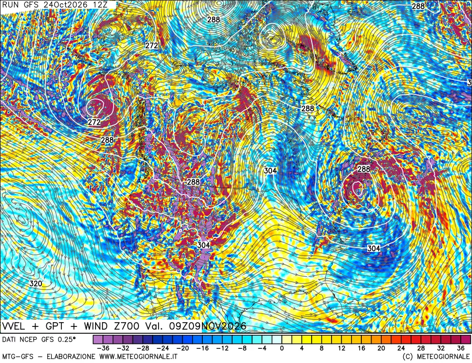 mappa 700 hPa Velocità verticiali + GPT + Vento