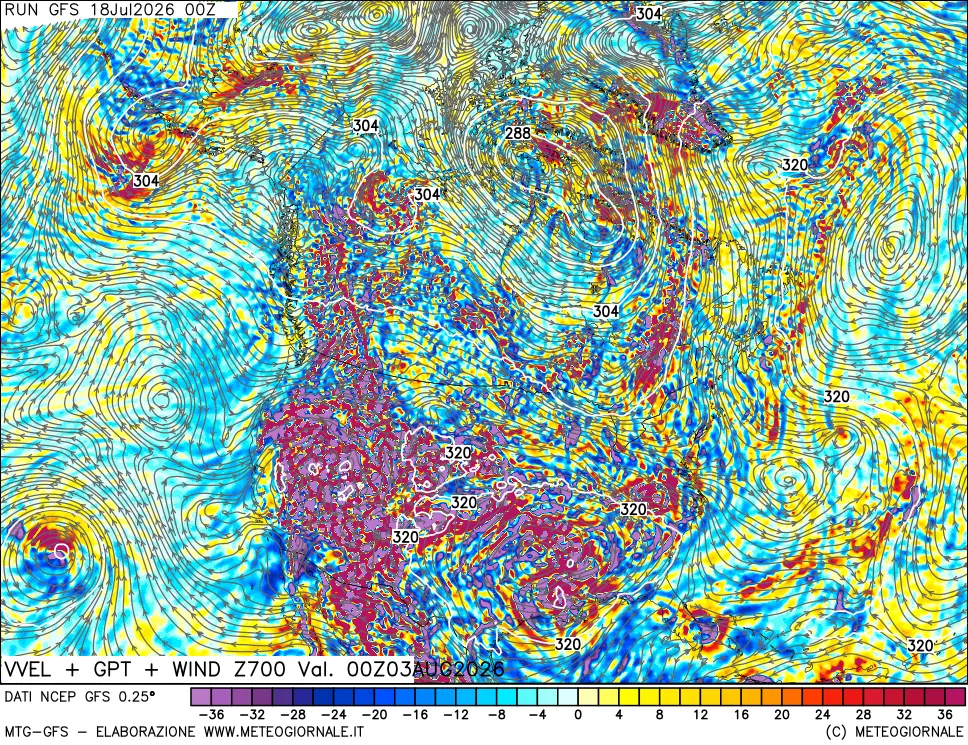 mappa 700 hPa Velocità verticiali + GPT + Vento