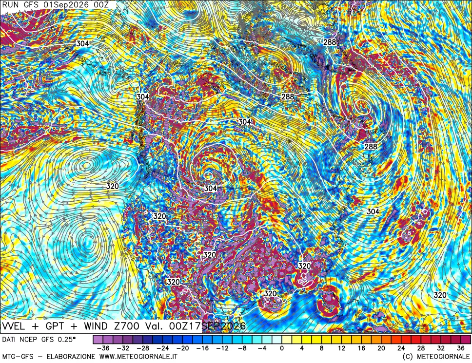 mappa 700 hPa Velocità verticiali + GPT + Vento