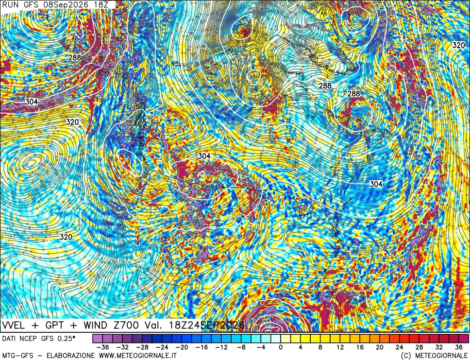 mappa 700 hPa Velocità verticiali + GPT + Vento