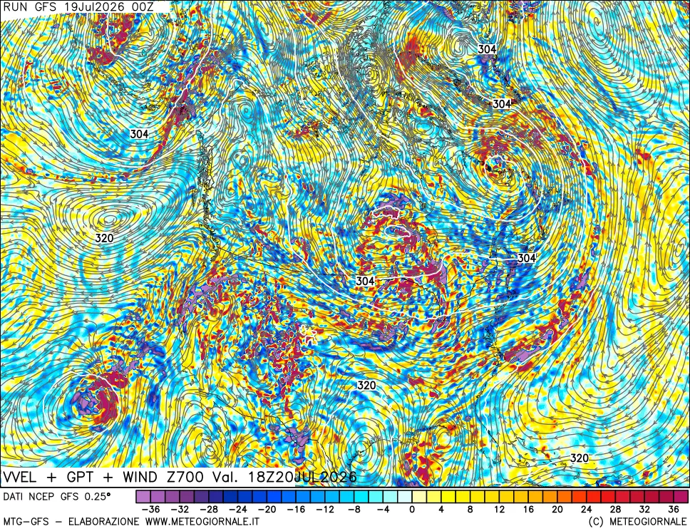 mappa 700 hPa Velocità verticiali + GPT + Vento