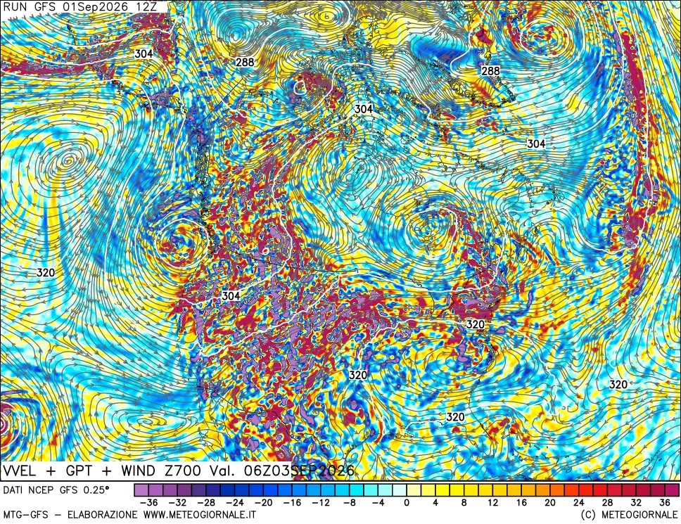 mappa 700 hPa Velocità verticiali + GPT + Vento