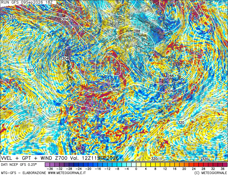 mappa 700 hPa Velocità verticiali + GPT + Vento