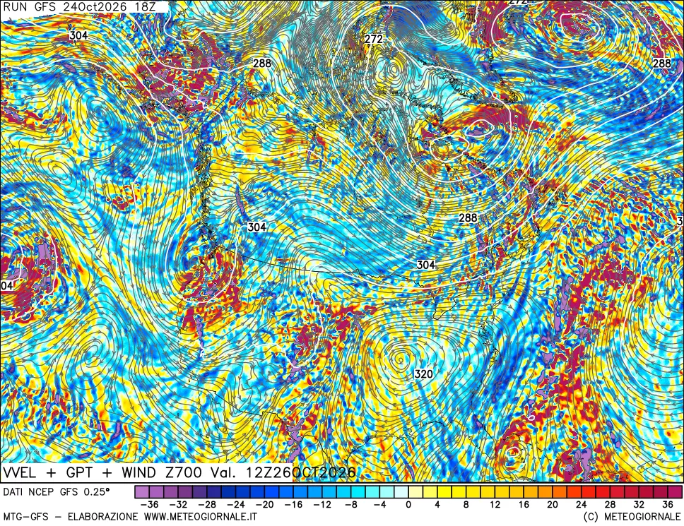 mappa 700 hPa Velocità verticiali + GPT + Vento