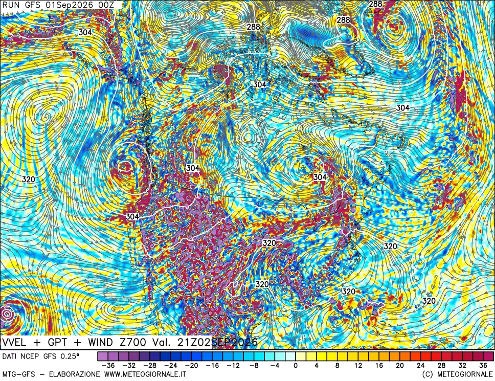 mappa 700 hPa Velocità verticiali + GPT + Vento