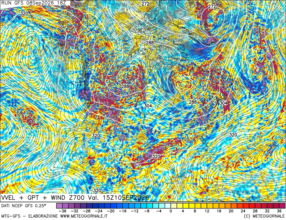 mappa 700 hPa Velocità verticiali + GPT + Vento