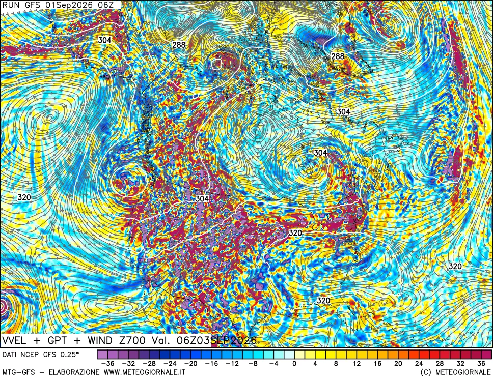 mappa 700 hPa Velocità verticiali + GPT + Vento