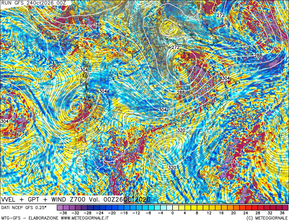 mappa 700 hPa Velocità verticiali + GPT + Vento
