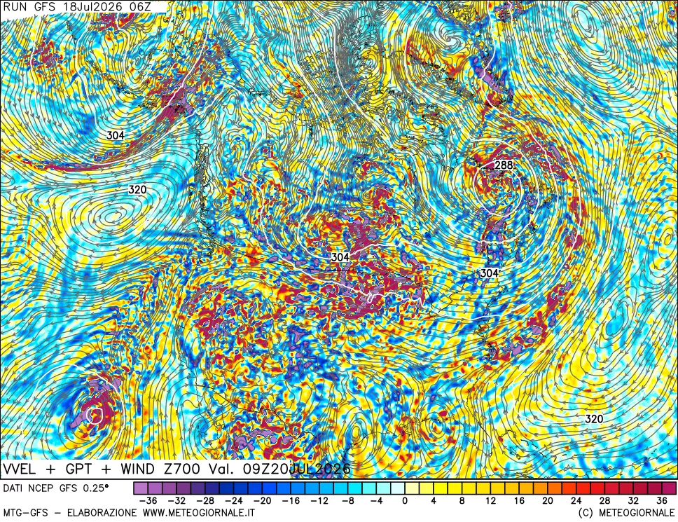 mappa 700 hPa Velocità verticiali + GPT + Vento