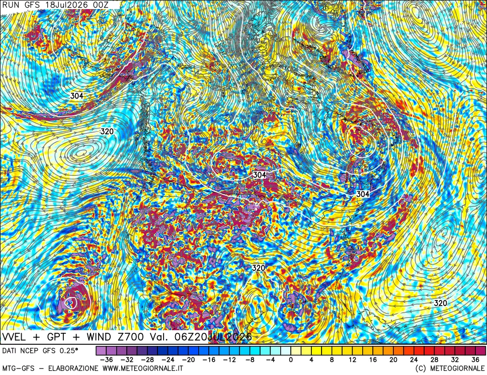 mappa 700 hPa Velocità verticiali + GPT + Vento