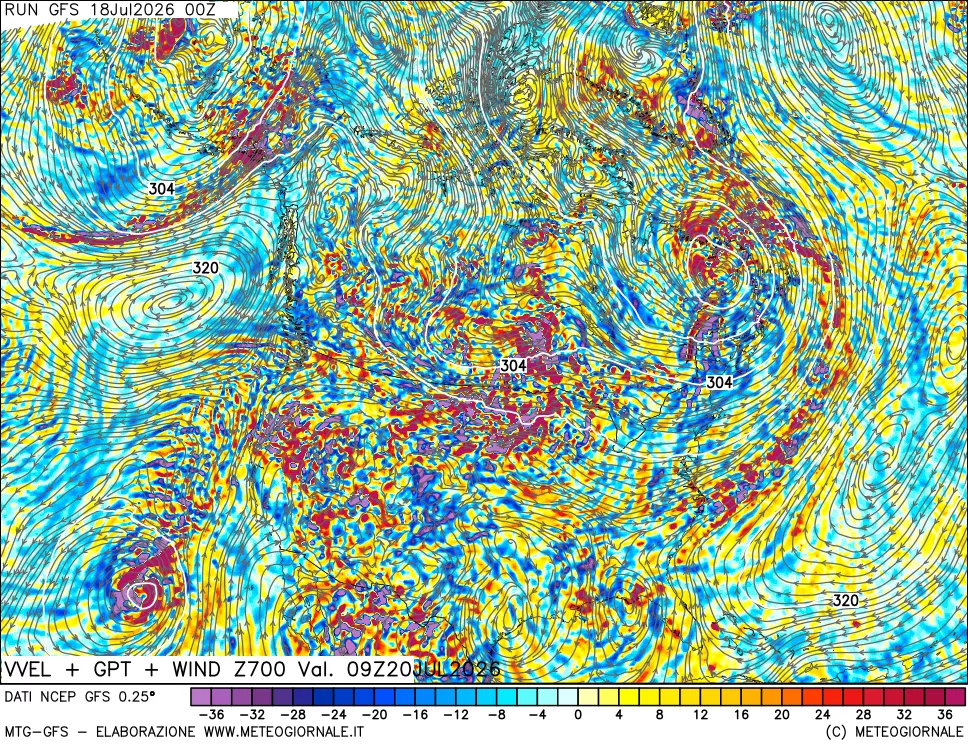 mappa 700 hPa Velocità verticiali + GPT + Vento