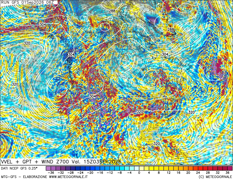 mappa 700 hPa Velocità verticiali + GPT + Vento