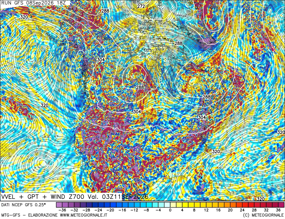 mappa 700 hPa Velocità verticiali + GPT + Vento