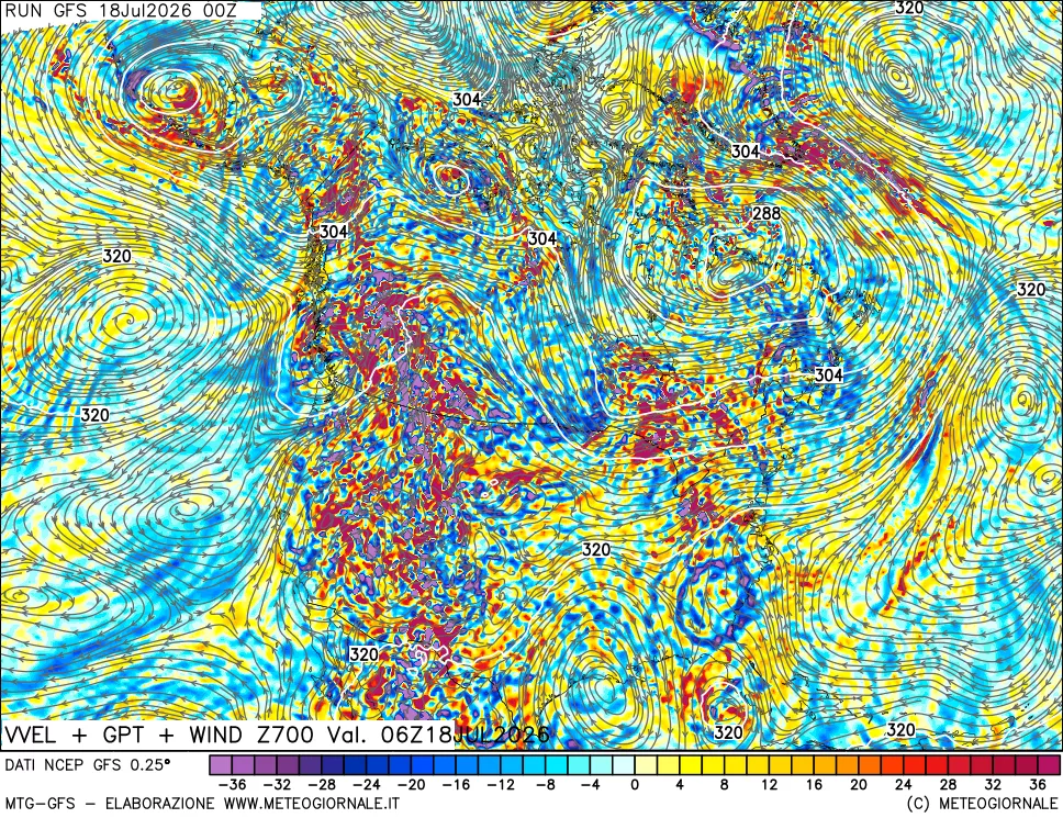 mappa 700 hPa Velocità verticiali + GPT + Vento