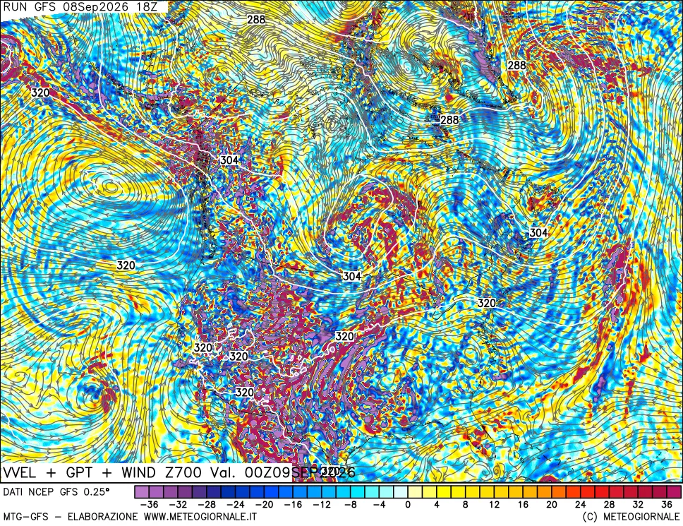 mappa 700 hPa Velocità verticiali + GPT + Vento