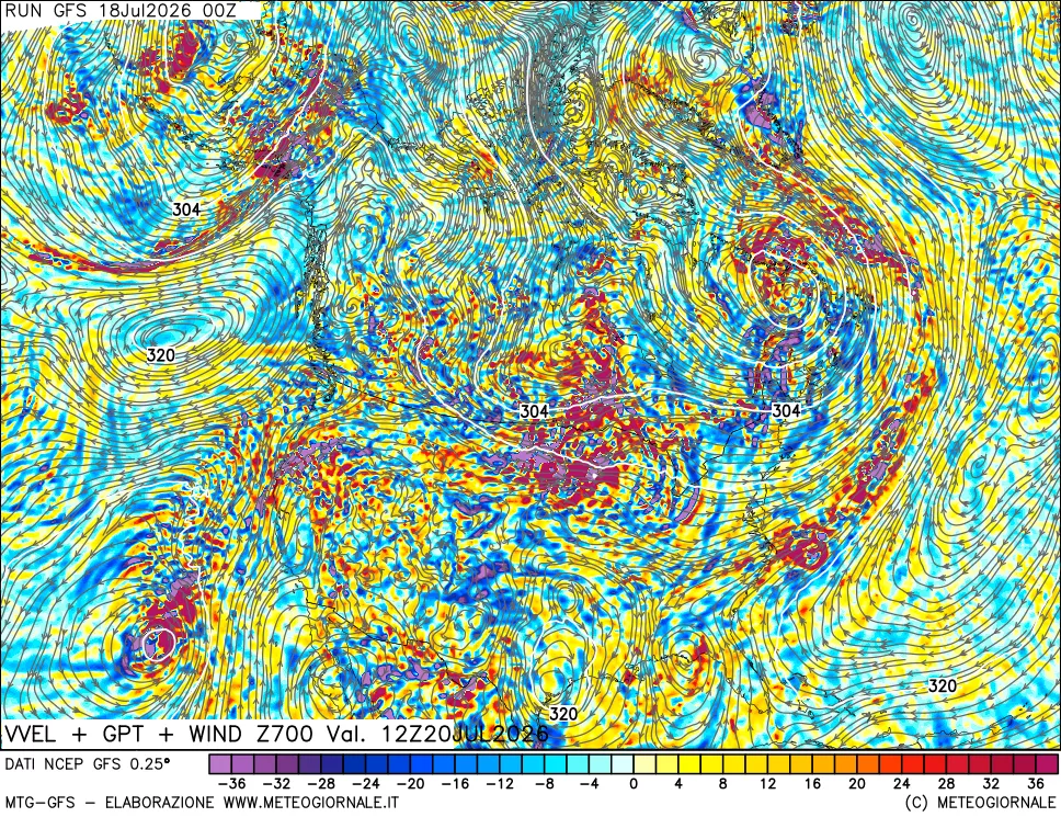 mappa 700 hPa Velocità verticiali + GPT + Vento