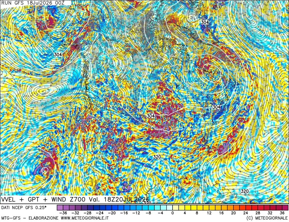 mappa 700 hPa Velocità verticiali + GPT + Vento