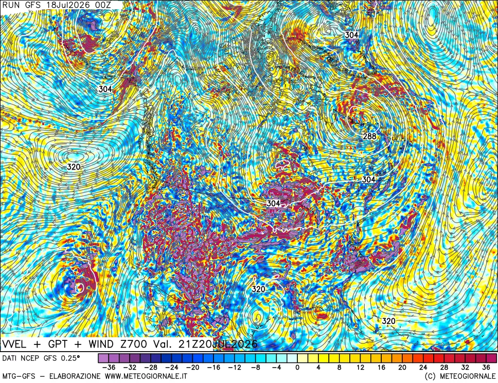mappa 700 hPa Velocità verticiali + GPT + Vento