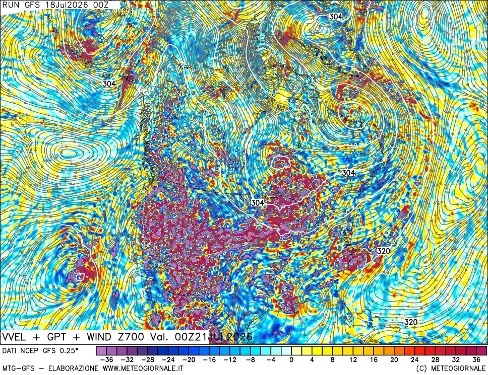 mappa 700 hPa Velocità verticiali + GPT + Vento