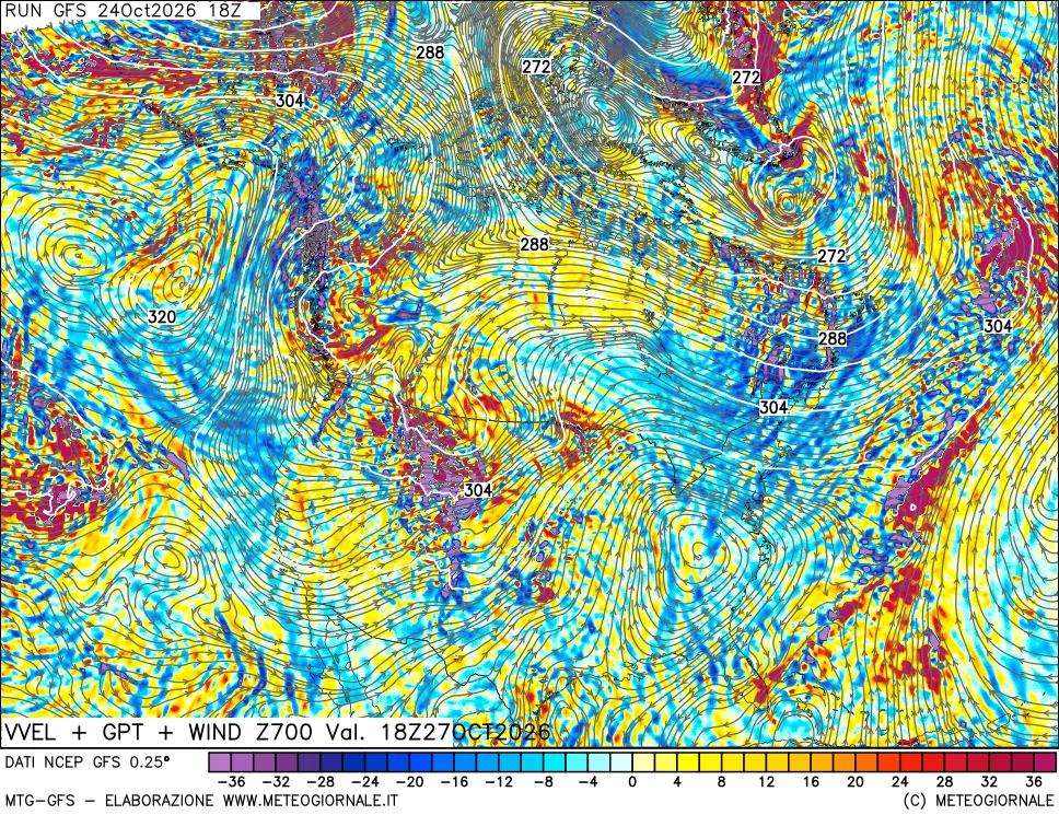 mappa 700 hPa Velocità verticiali + GPT + Vento