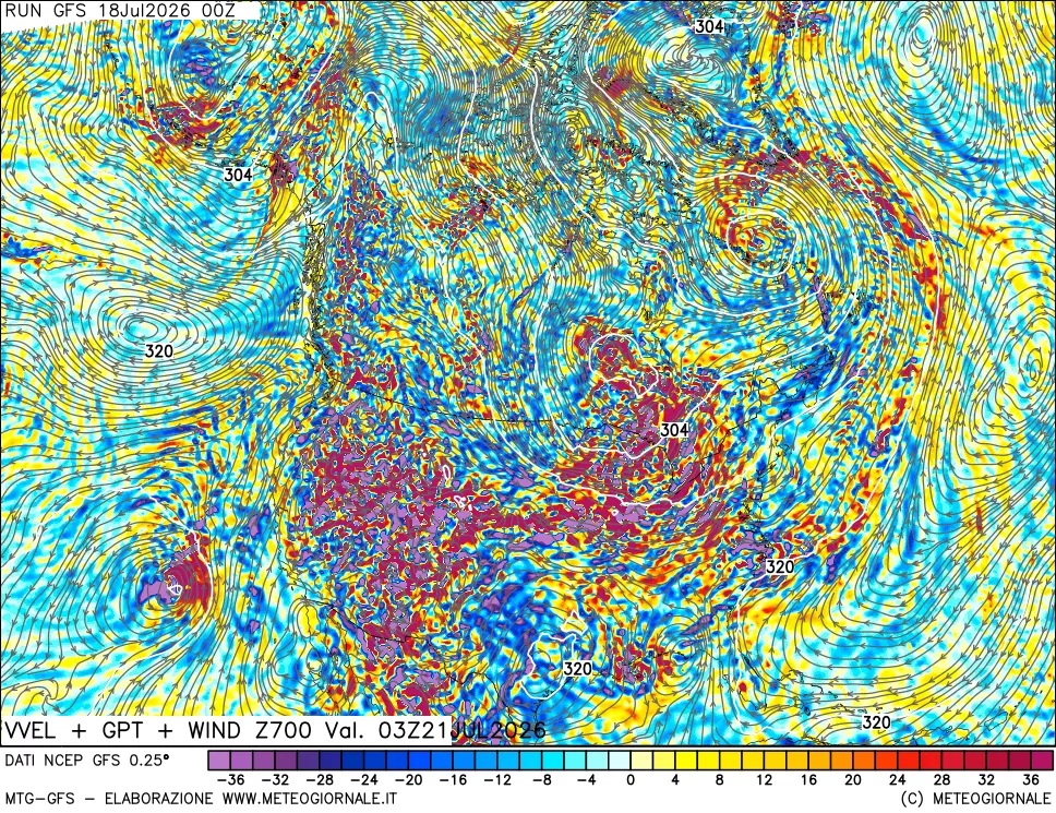 mappa 700 hPa Velocità verticiali + GPT + Vento