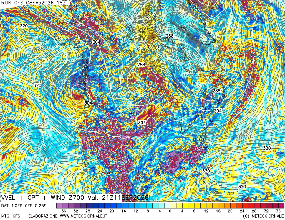 mappa 700 hPa Velocità verticiali + GPT + Vento