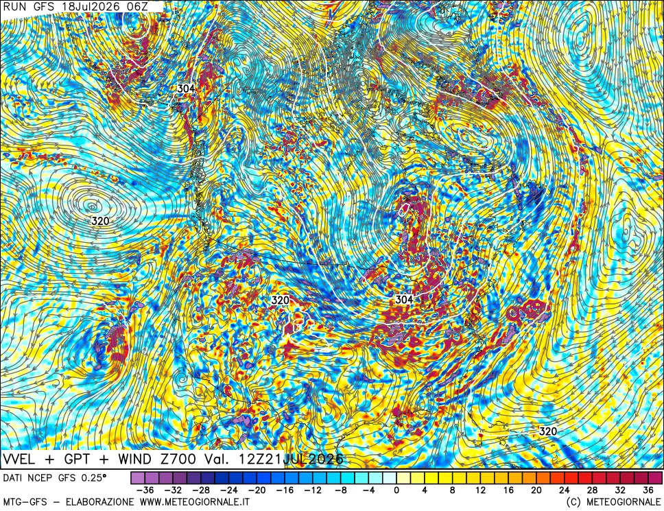 mappa 700 hPa Velocità verticiali + GPT + Vento