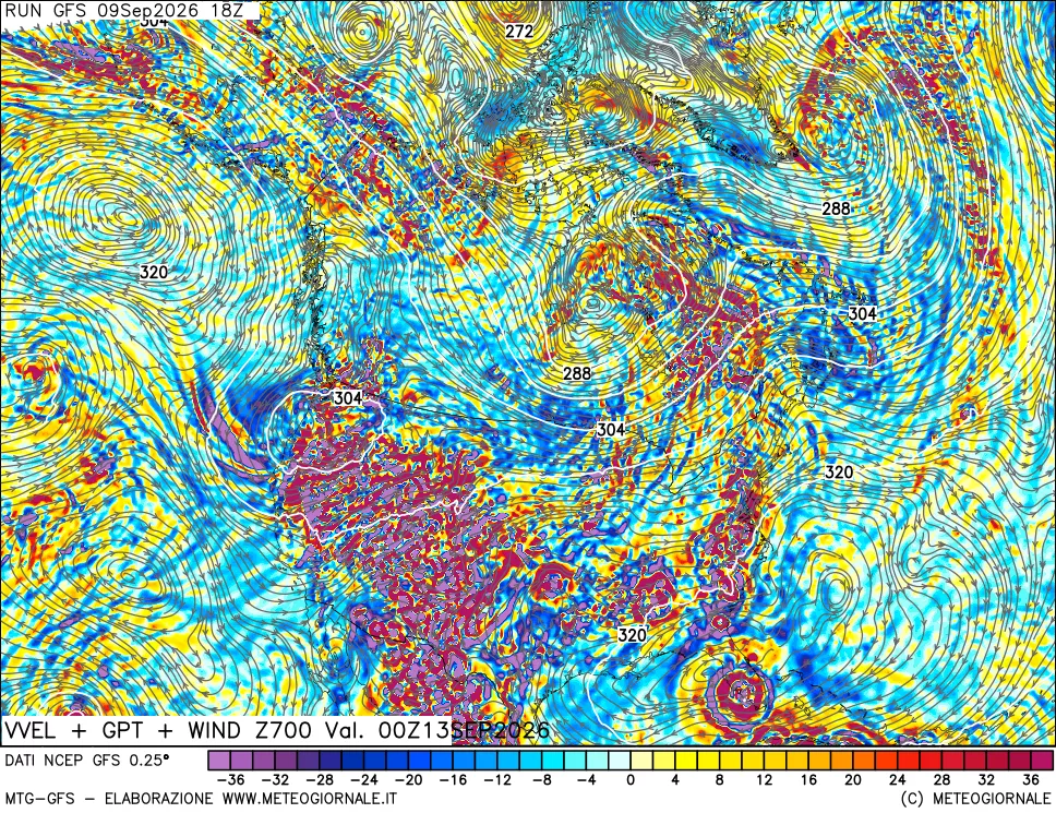 mappa 700 hPa Velocità verticiali + GPT + Vento