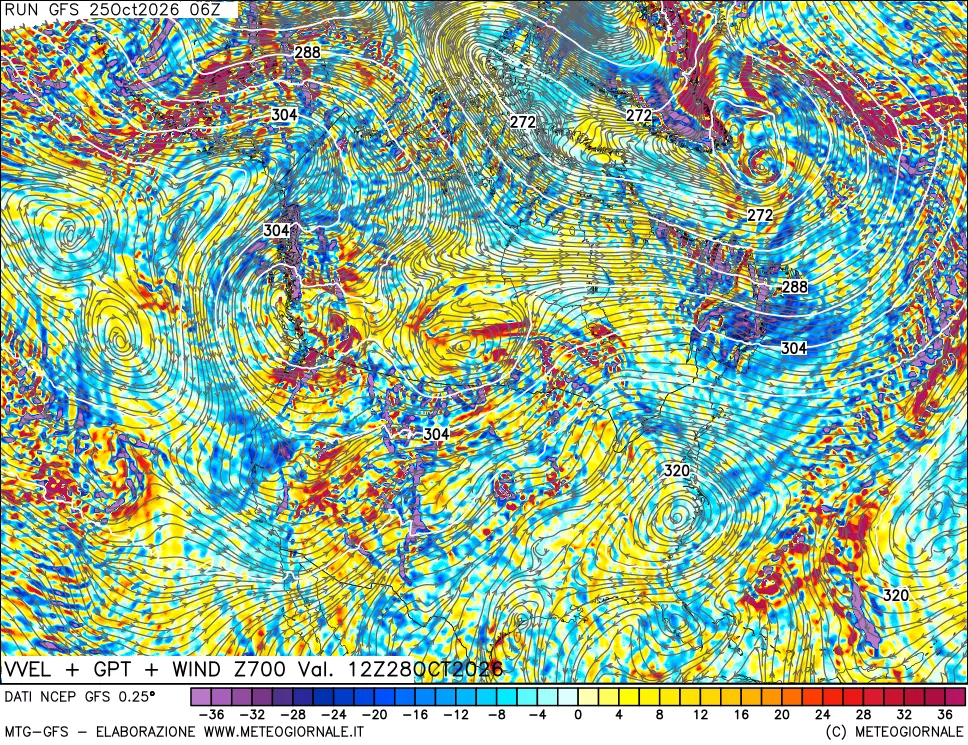 mappa 700 hPa Velocità verticiali + GPT + Vento