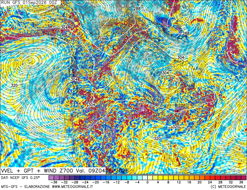 mappa 700 hPa Velocità verticiali + GPT + Vento
