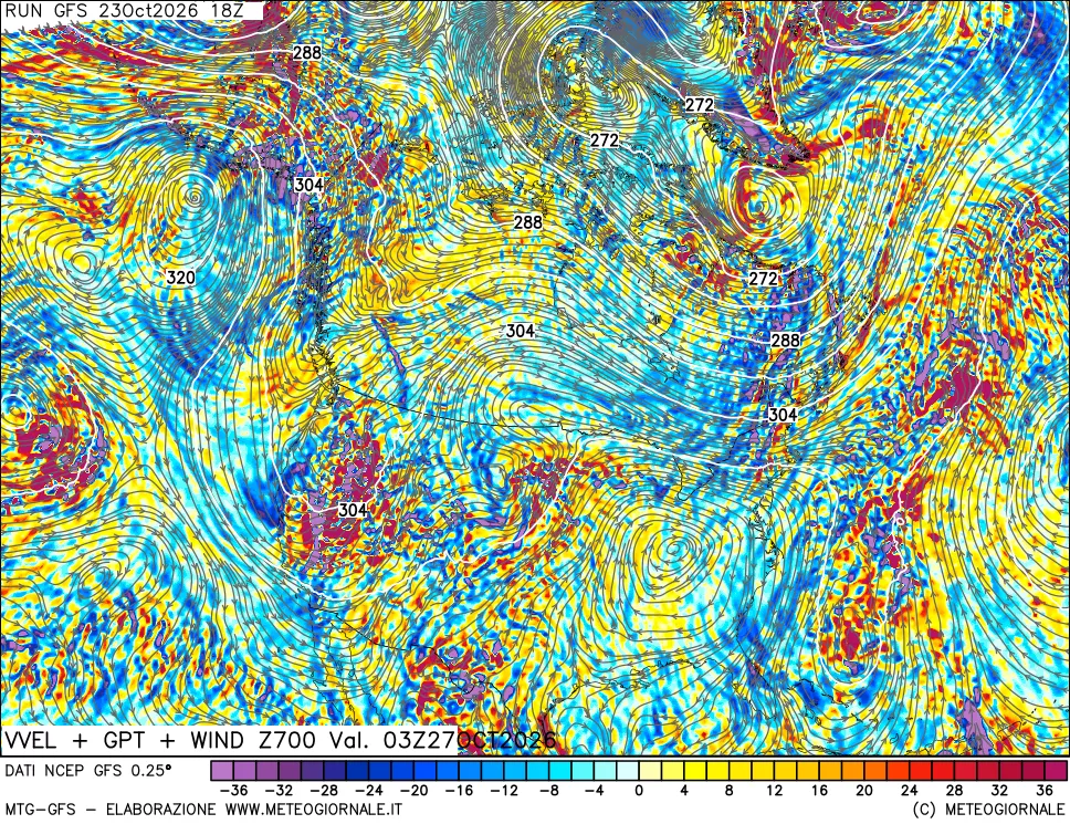 mappa 700 hPa Velocità verticiali + GPT + Vento