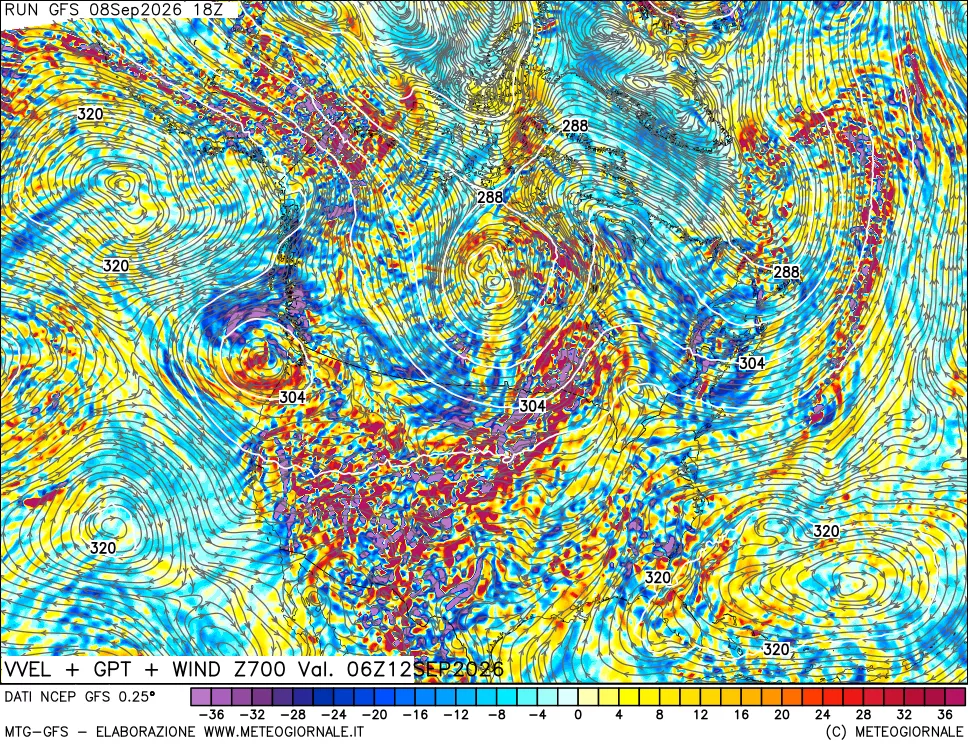 mappa 700 hPa Velocità verticiali + GPT + Vento