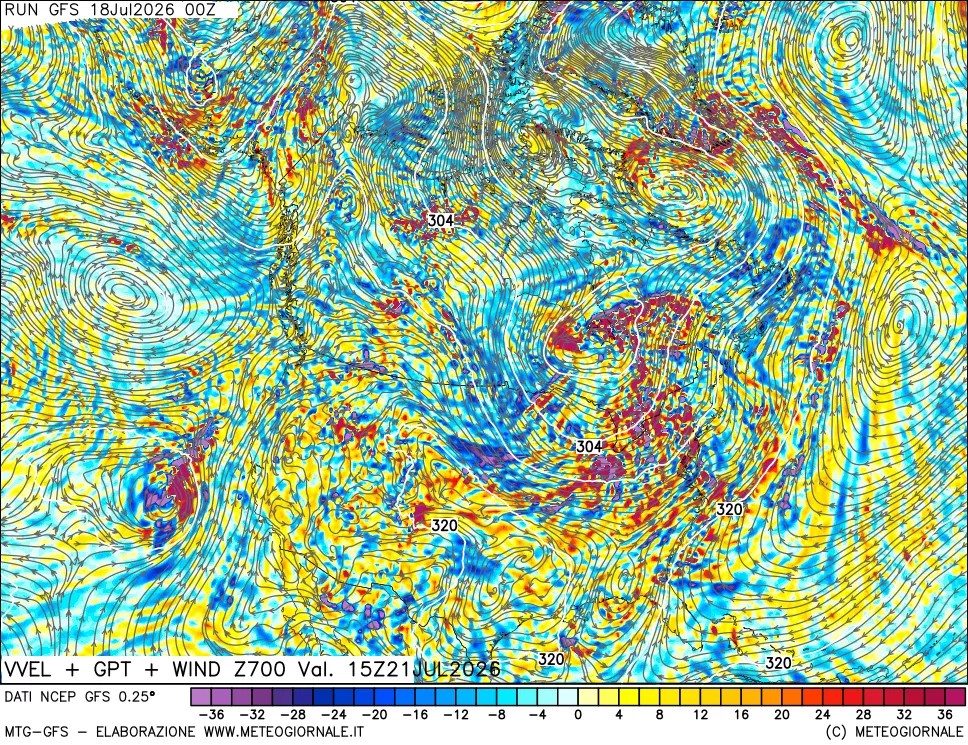 mappa 700 hPa Velocità verticiali + GPT + Vento
