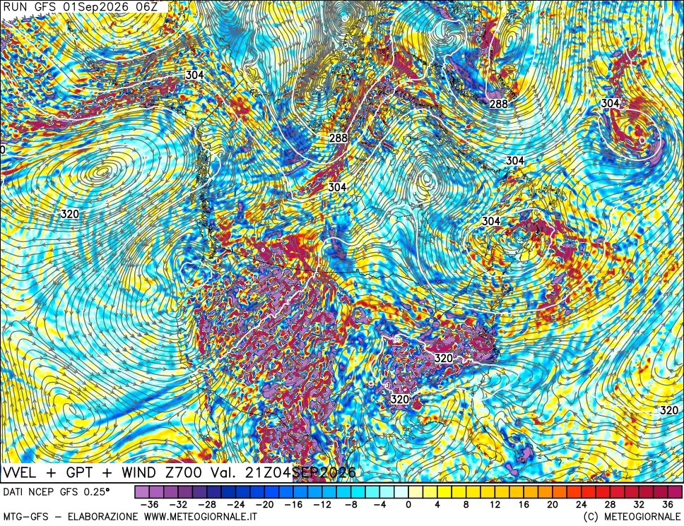 mappa 700 hPa Velocità verticiali + GPT + Vento