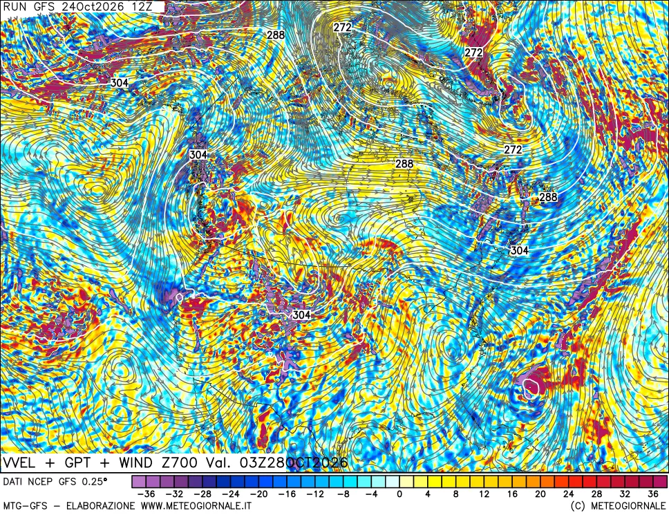 mappa 700 hPa Velocità verticiali + GPT + Vento