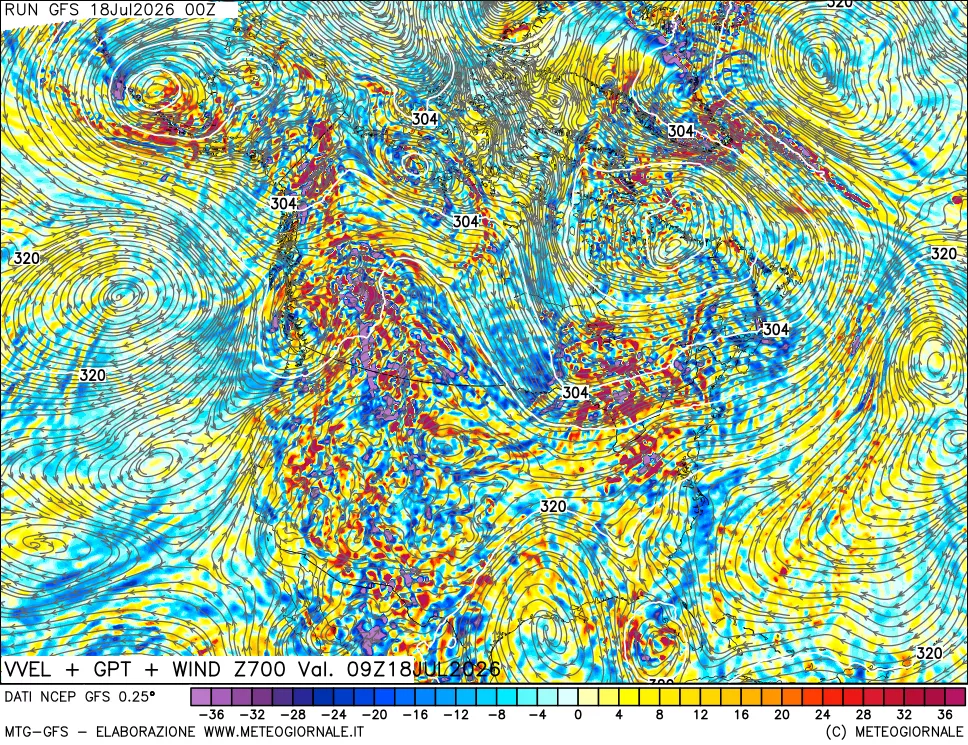 mappa 700 hPa Velocità verticiali + GPT + Vento