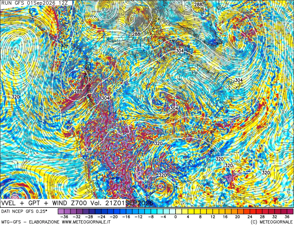 mappa 700 hPa Velocità verticiali + GPT + Vento